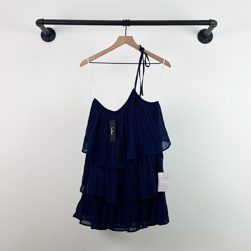 NWT Lulus Blowing Kisses Navy Blue Pleated One-Shoulder Mini Dress - Picture 4 of 8